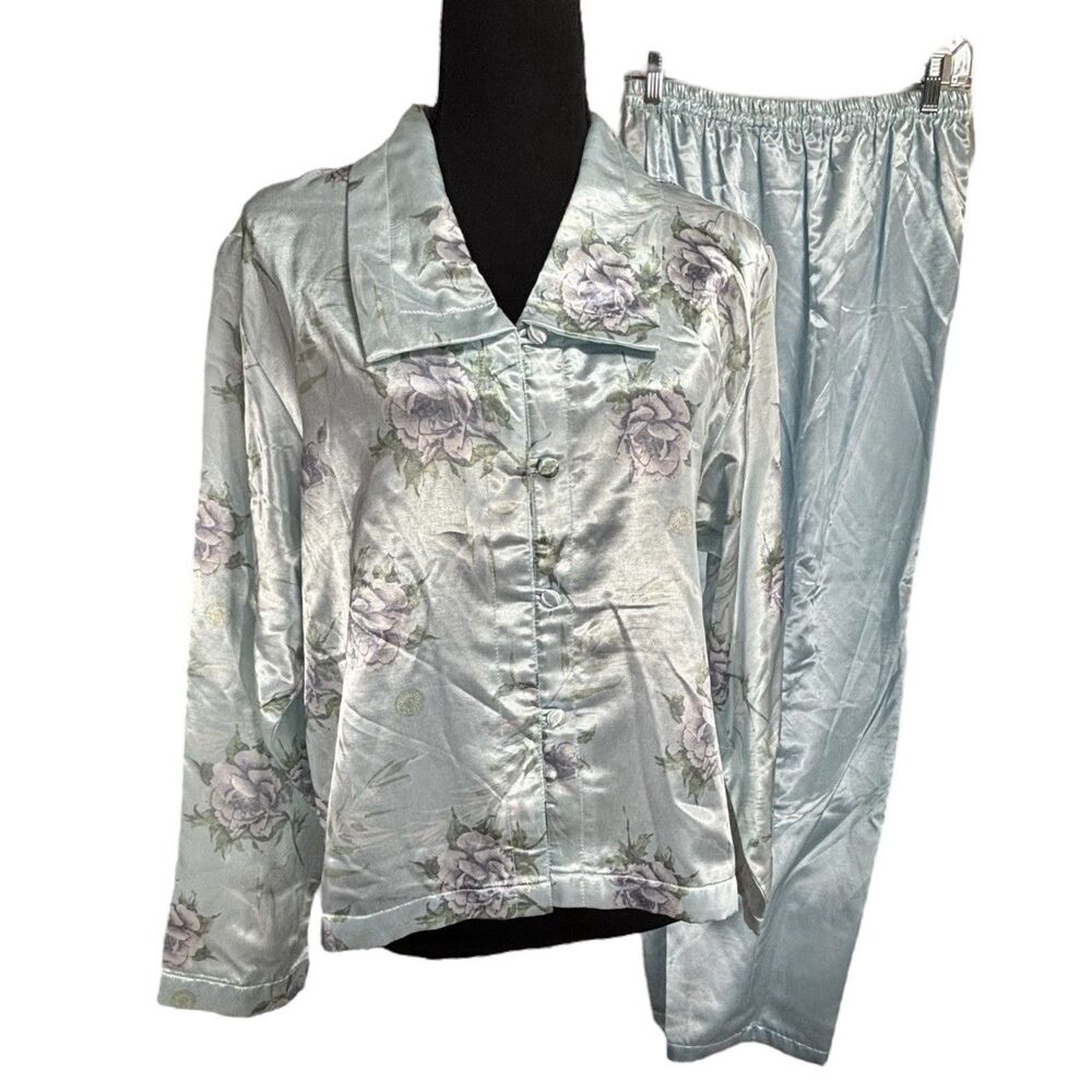 JC Penney DELICATES Pajama Set 2 Pc Satin Blue Floral Button Up